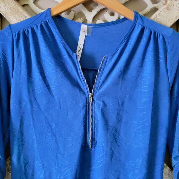 NY Collection Women's Roll Tab Sleeve Zip Jacquard Sequin Blouse Top in Blue - Picture 5 of 9